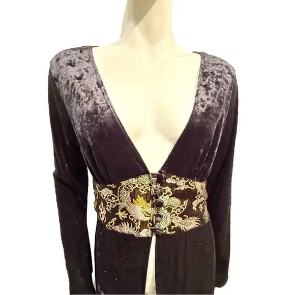 Vintage Miss Me Black Velvet Dragon Robe Size L Embroidered Waist - Picture 6 of 10
